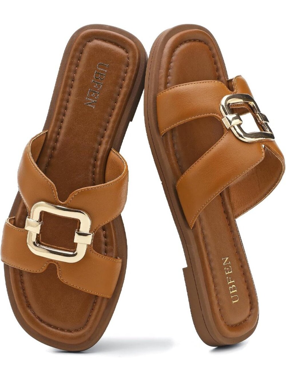Women's All Brown Square Toe Flat Sandals Slides Dressy Comfortable for Beach